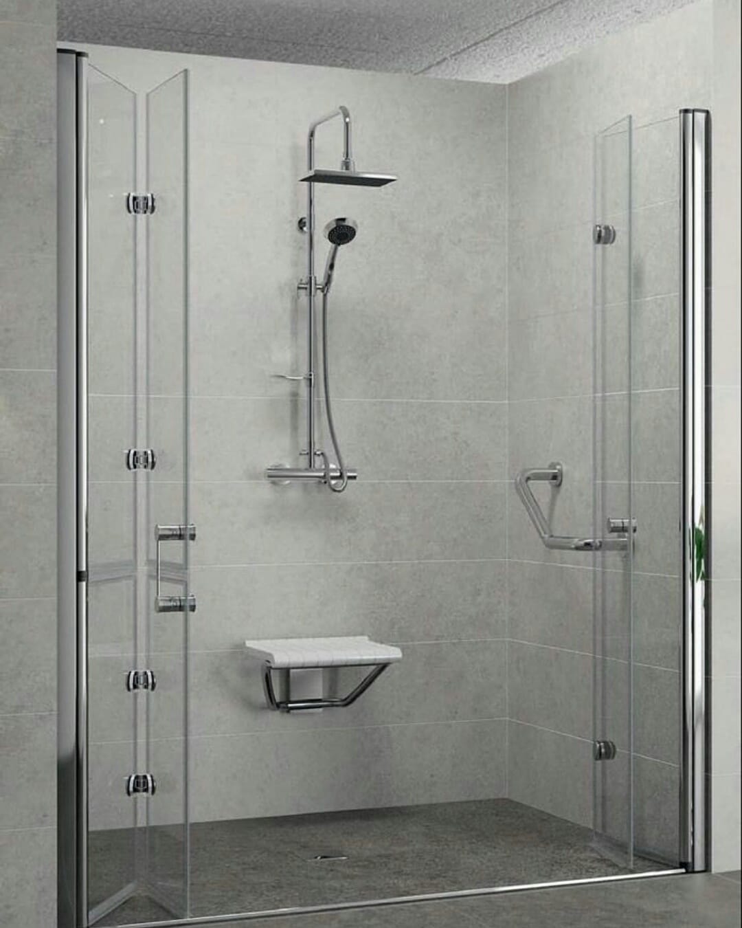 Fliesenleger Saarbrücken: barrierefreie bodengleiche Dusche mit Sitz und Haltegriff, Fliesen in Steinoptik